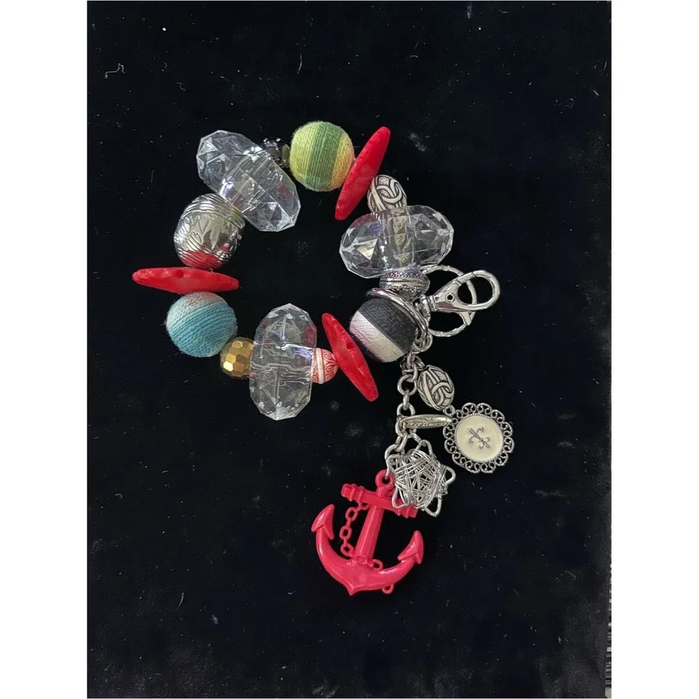 Nautical Charm Beaded Bracelet with Red Anchor